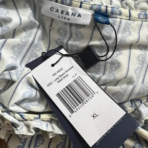 Cabana Life UPF 50+ Smocked Waist Dress XL Blue White Stripe Ruffle Beach Resort - Picture 7 of 9